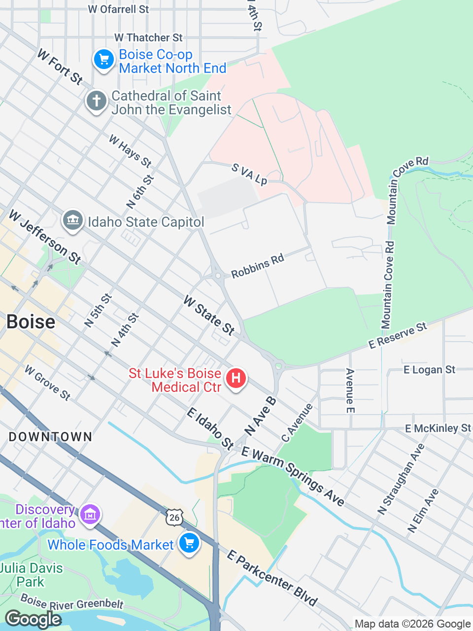 Map showing location of St. Luke’s Retail Pharmacy: Boise, Bannock St.