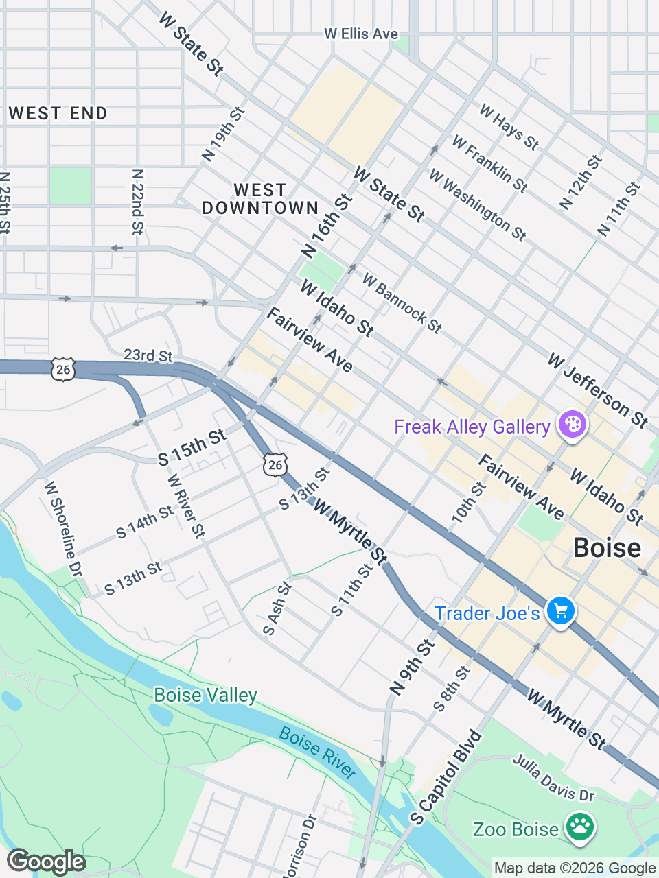 Map showing location of St. Luke’s Clinic - Behavioral Health: Boise, W Myrtle St.