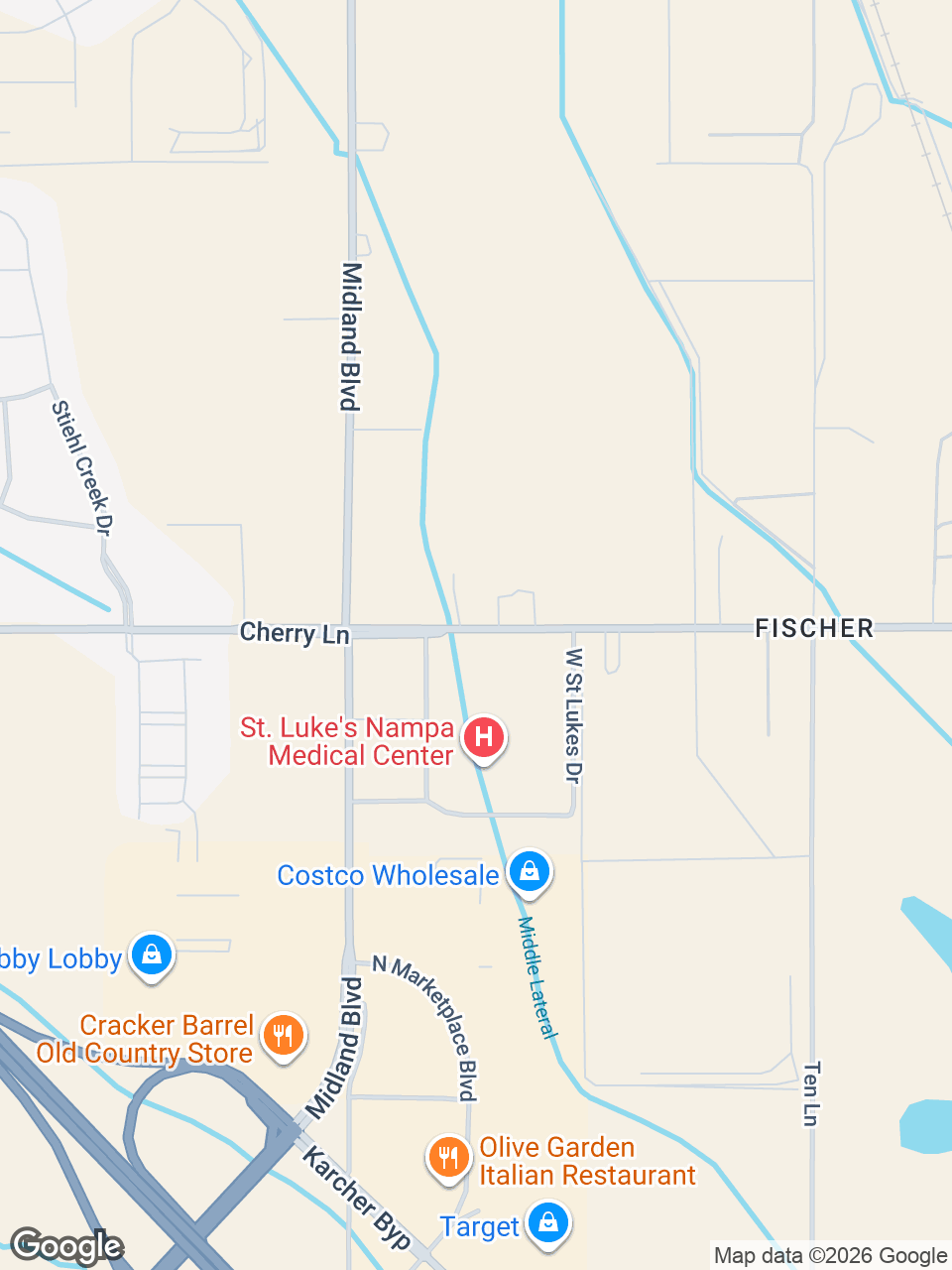 Map showing location of St. Luke’s Retail Pharmacy: Nampa, W St. Luke’s Dr