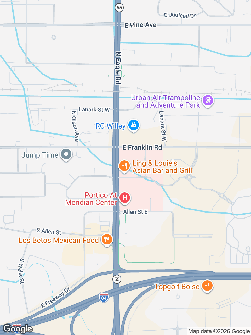 Map showing location of St. Luke’s Rehabilitation: Meridian, E. Louise Dr.